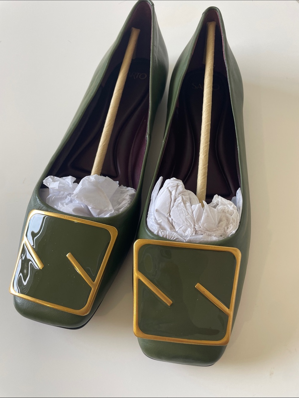 SARTO By Franco Sarto Olive Green Patent Square-Toe Flats with Gold Trim